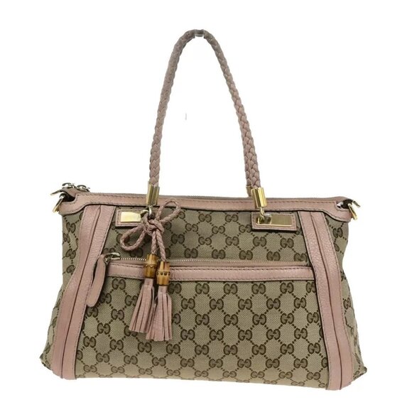 GUCCI Logo GG Pattern Shoulder Tote Bag Bamboo Canvas Leather Brown Pink 30EE118 - Picture 1 of 15